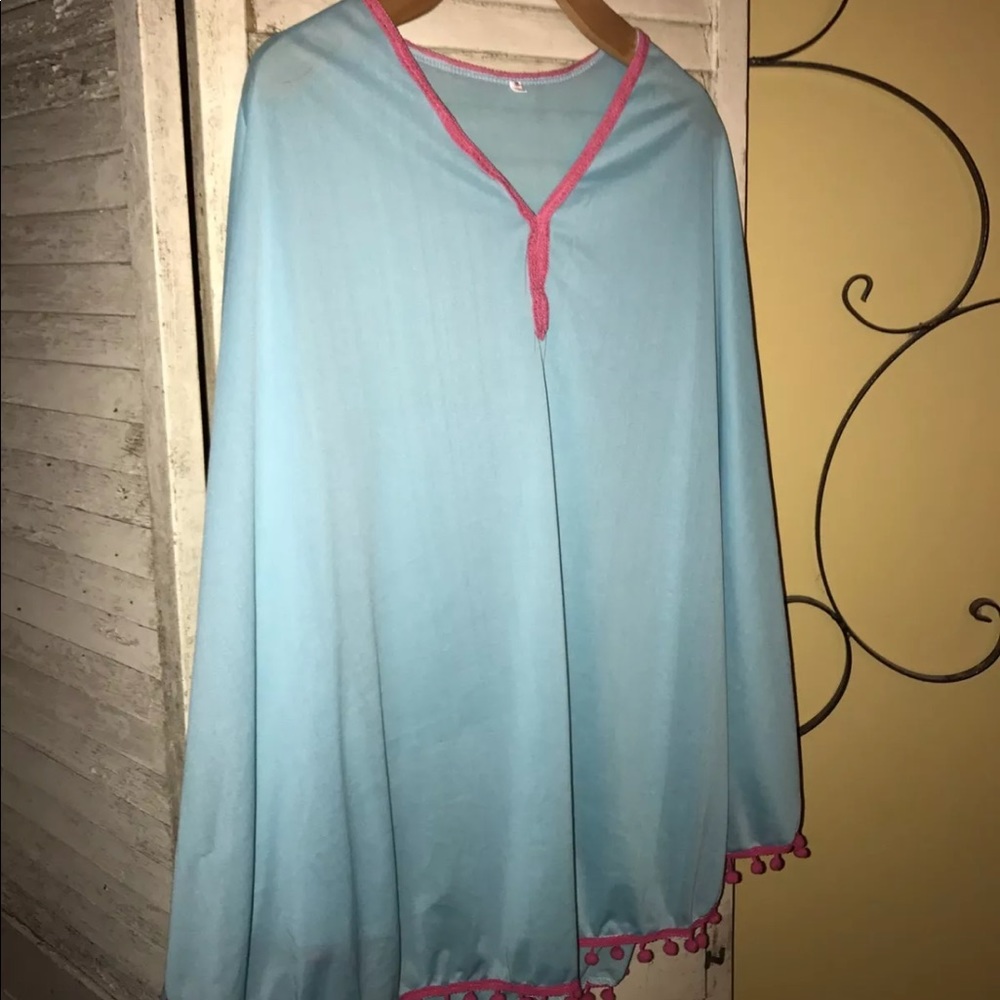 Women’s Turquoise with Pink Ball Fringe Poncho